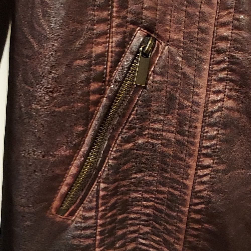 Distressed Faux Leather Jacket biker moto jacket brown size M zippered front - Picture 6 of 11